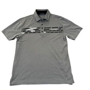 Travis Mathew Gray Golf Polo Shirt Mens Medium Black White Stripes Chest
